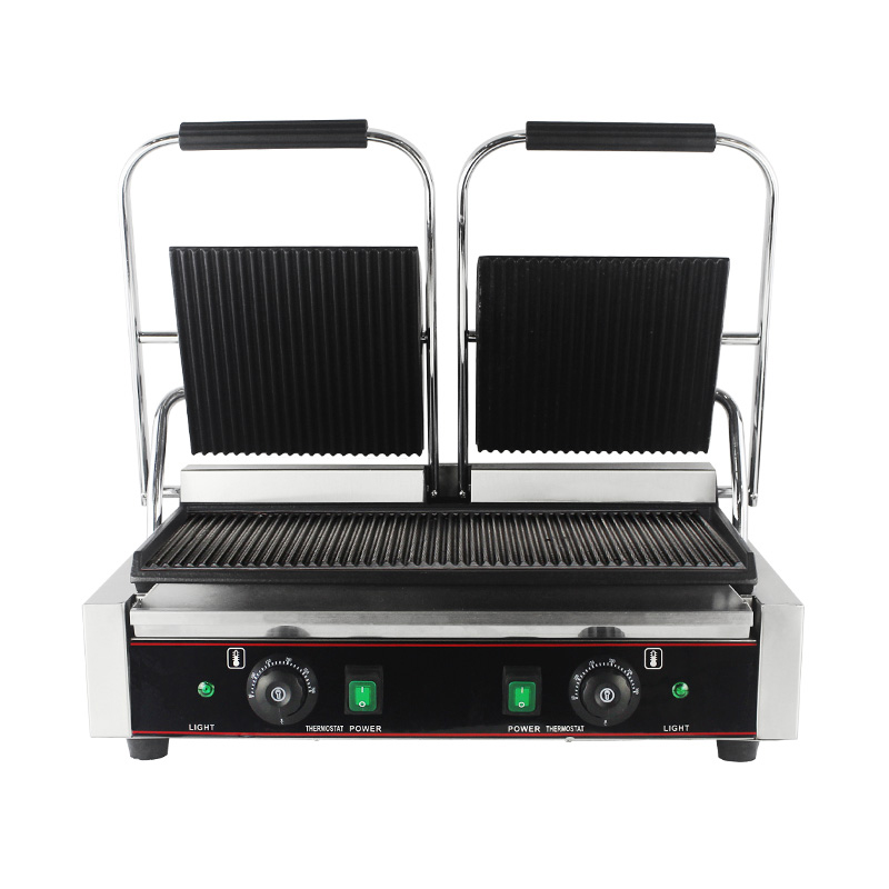 ماكينة مطبخ شواية بانيني كهربائية تجارية مزدوجة من الفولاذ المقاوم للصدأ